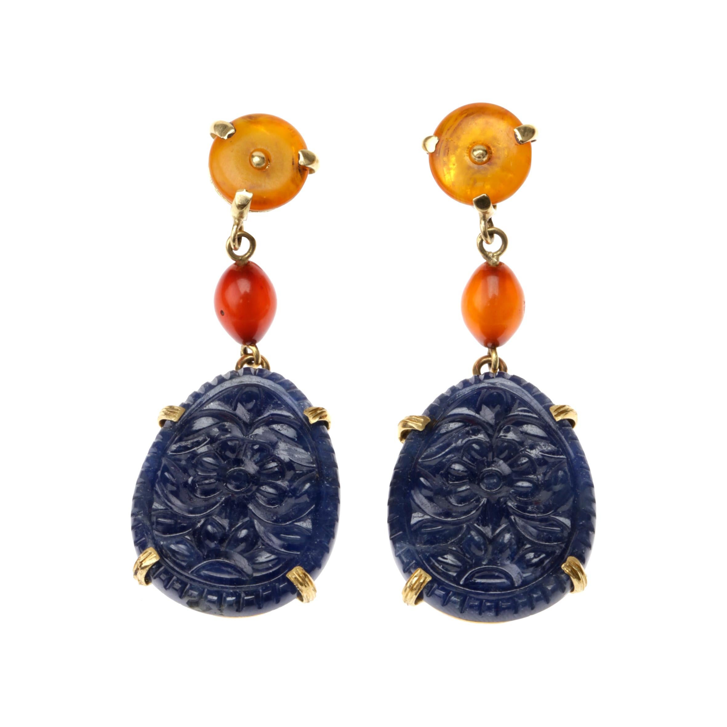 Carved Blu Sapphire, Amber 18 Karat Gold Earrings