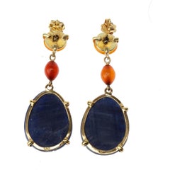 Carved Blu Sapphire, Amber 18 Karat Gold Earrings