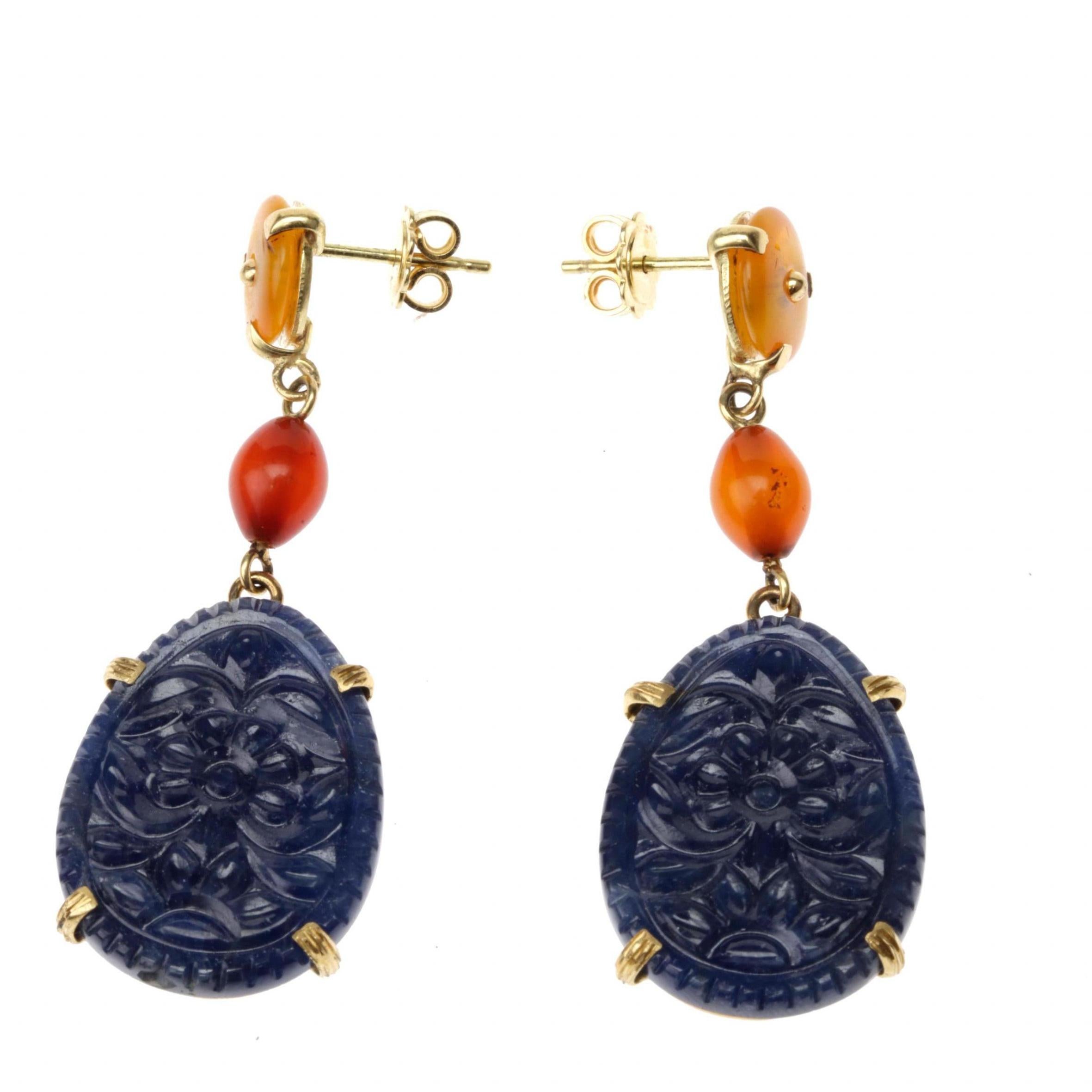 Artisan Carved Blu Sapphire, Amber 18 Karat Gold Earrings For Sale