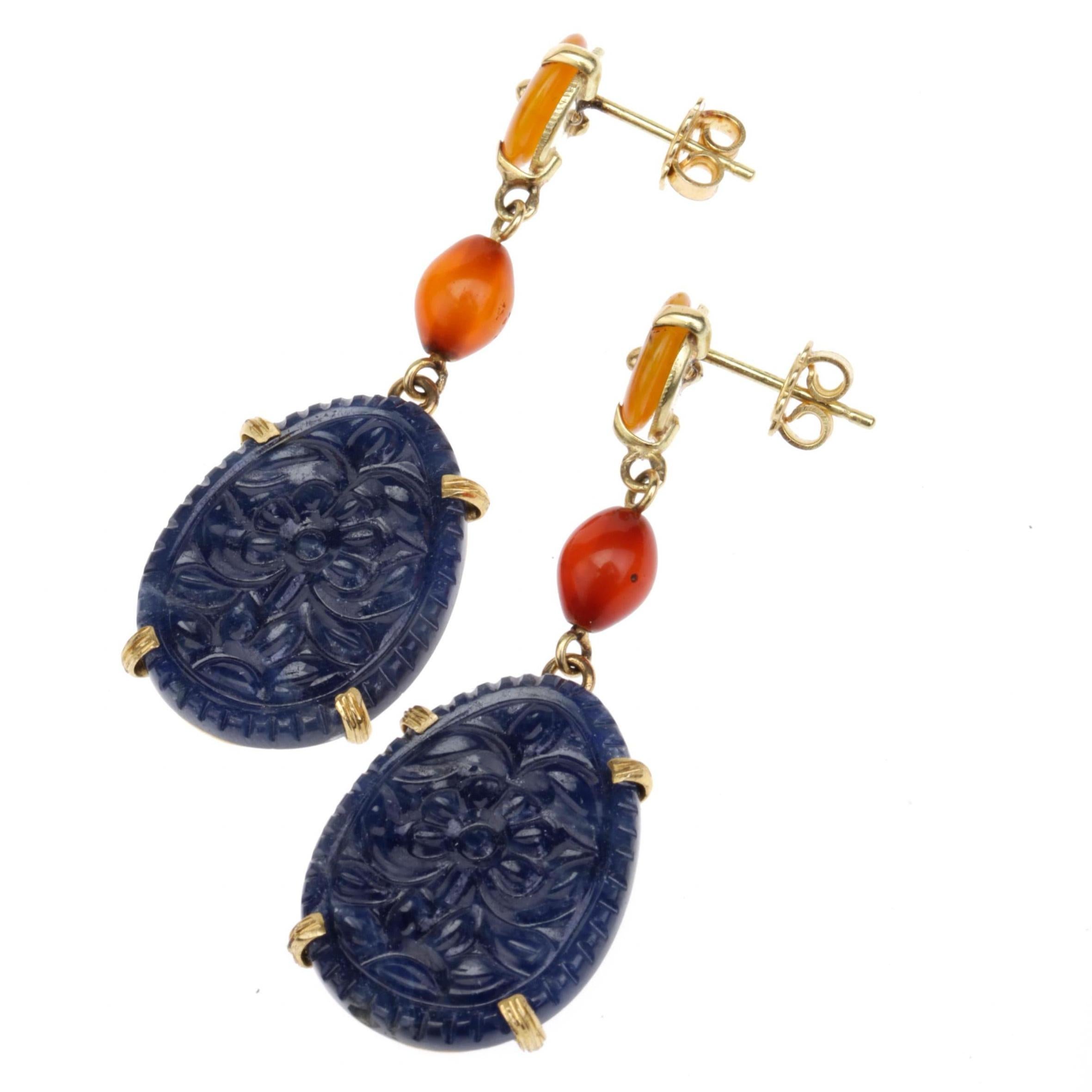 Women's or Men's Carved Blu Sapphire, Amber 18 Karat Gold Earrings For Sale