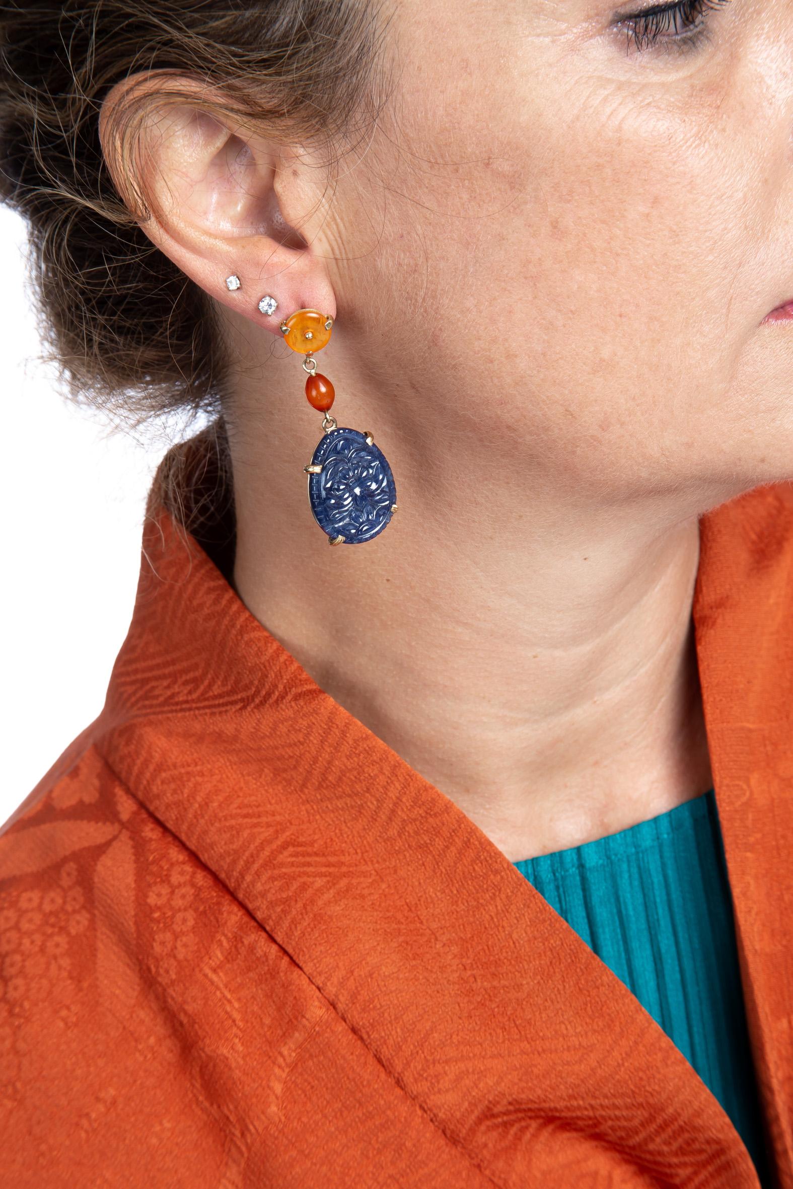 Carved Blu Sapphire, Amber 18 Karat Gold Earrings For Sale 2