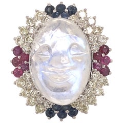 Carved Blue Moonstone Diamonds Sapphires Rubies 14 Karat White Gold Ring