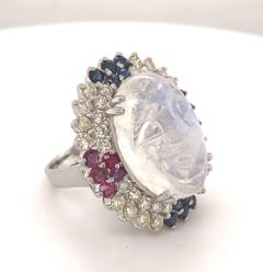 Carved Blue Moonstone Diamonds Sapphires Rubies 14 Karat White Gold Ring