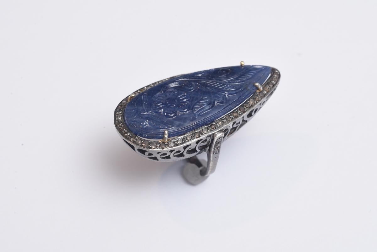 Women's or Men's Carved Blue Sapphire and Diamond Cocktail Ring