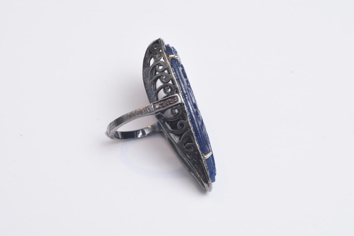 Carved Blue Sapphire and Diamond Cocktail Ring 1