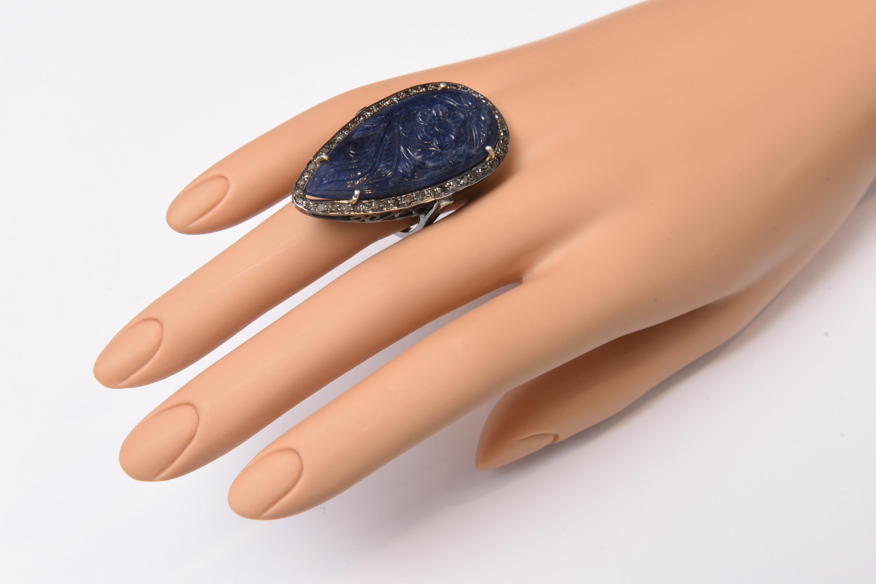 Carved Blue Sapphire and Diamond Cocktail Ring 2