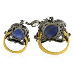Carved Blue Sapphire Connected Ring with Pave Diamonds Made in 18k Gold & Silver