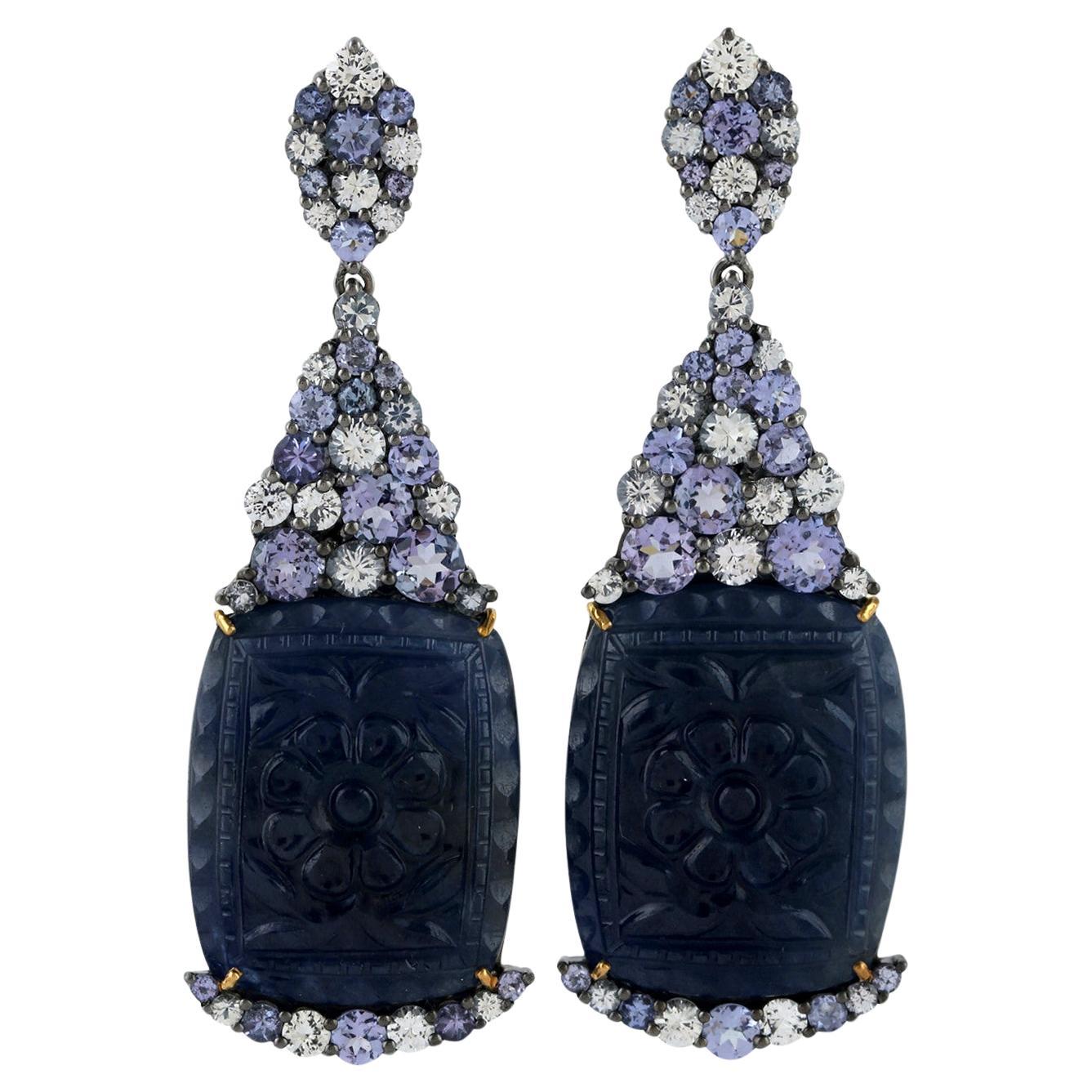 Carved Blue Sapphire Dangle Earrings Diamonds 80 Carats