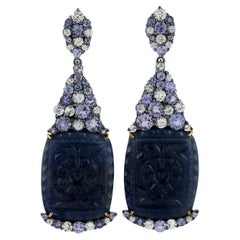 Carved Blue Sapphire Dangle Earrings Diamonds 80 Carats