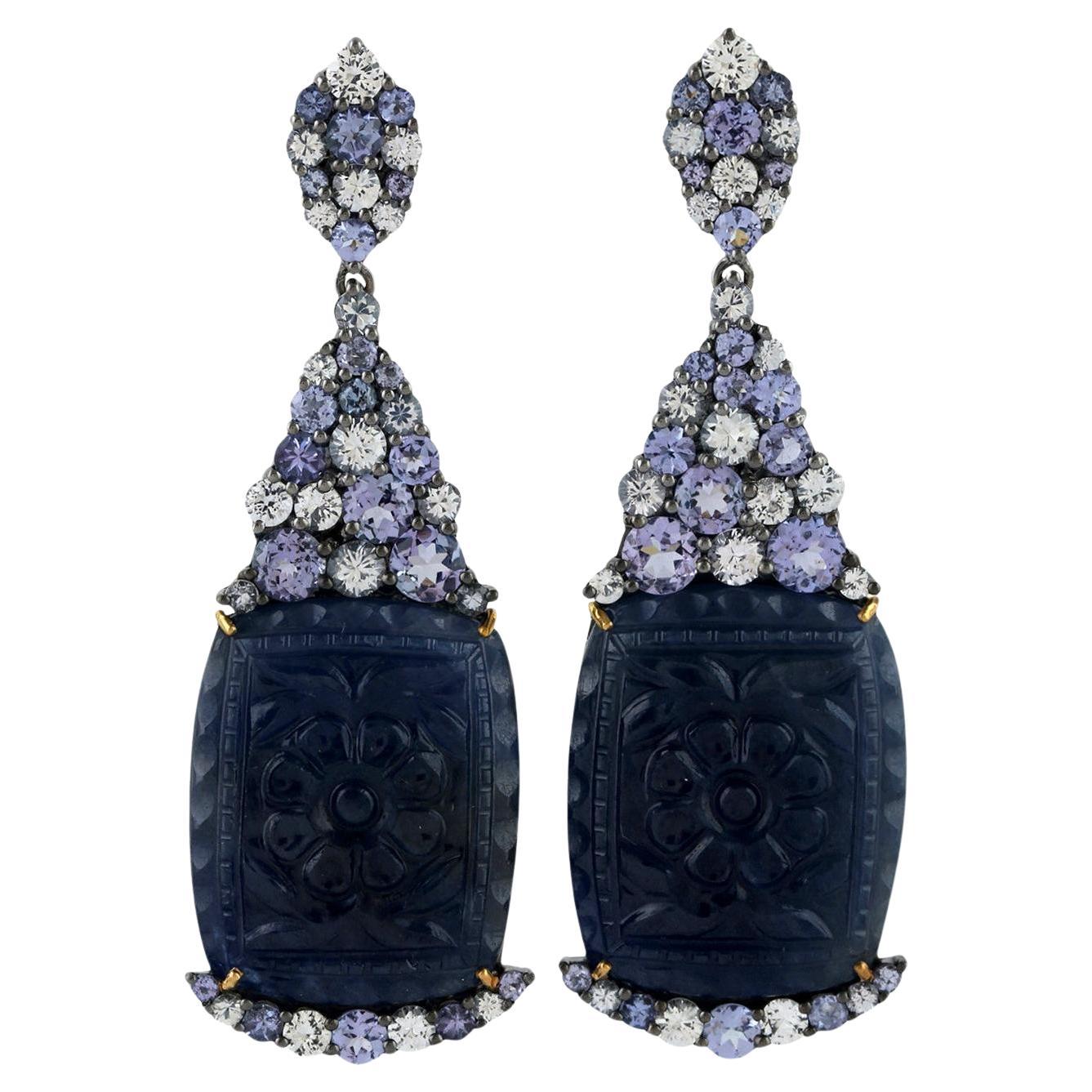 Carved Blue Sapphire Dangle Earrings Diamonds 80 Carats