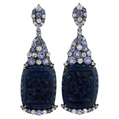 Pendientes Colgantes Zafiro Azul Tallado Diamantes 80 Quilates