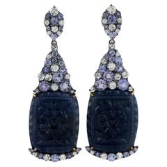 Geschnitzte blaue Saphir-Ohrringe mit Diamanten, 80 Karat