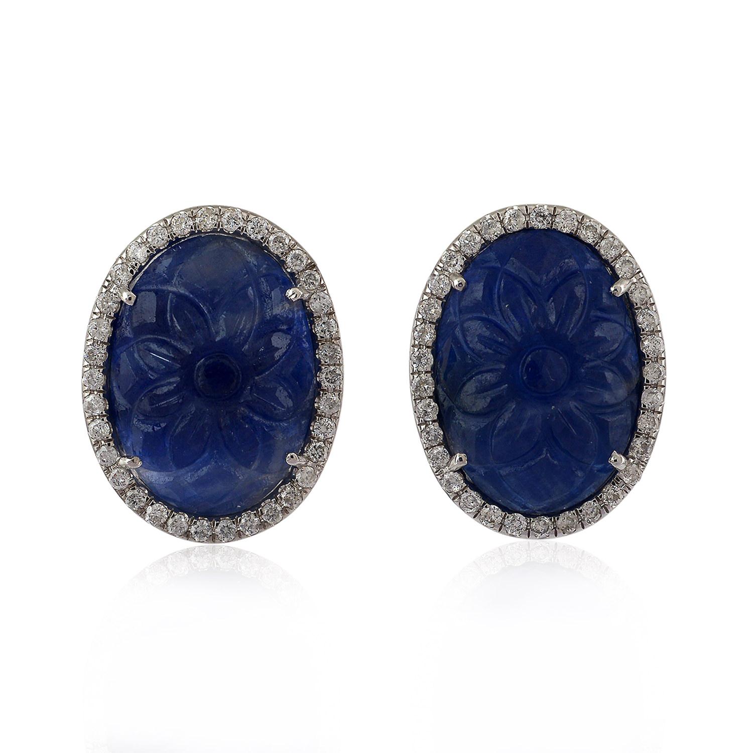 Single Cut Carved Blue Sapphire Diamond 18 Karat Gold Stud Earrings For Sale