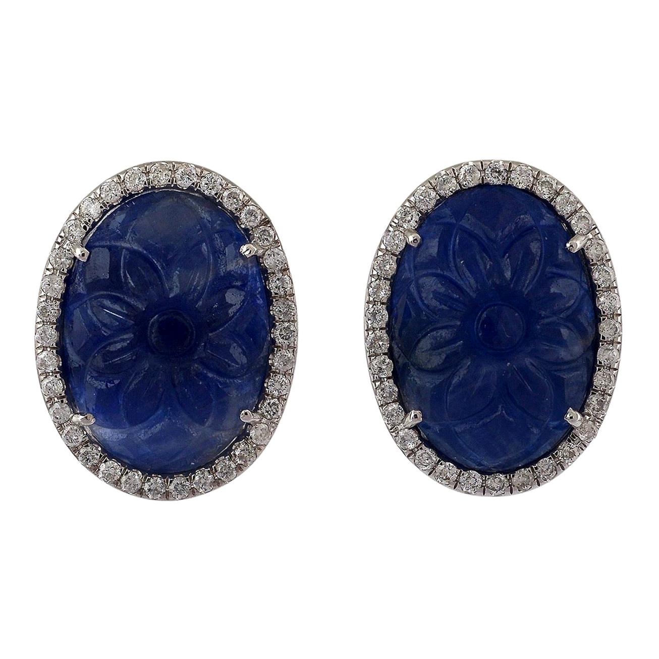 Carved Blue Sapphire Diamond 18 Karat Gold Stud Earrings