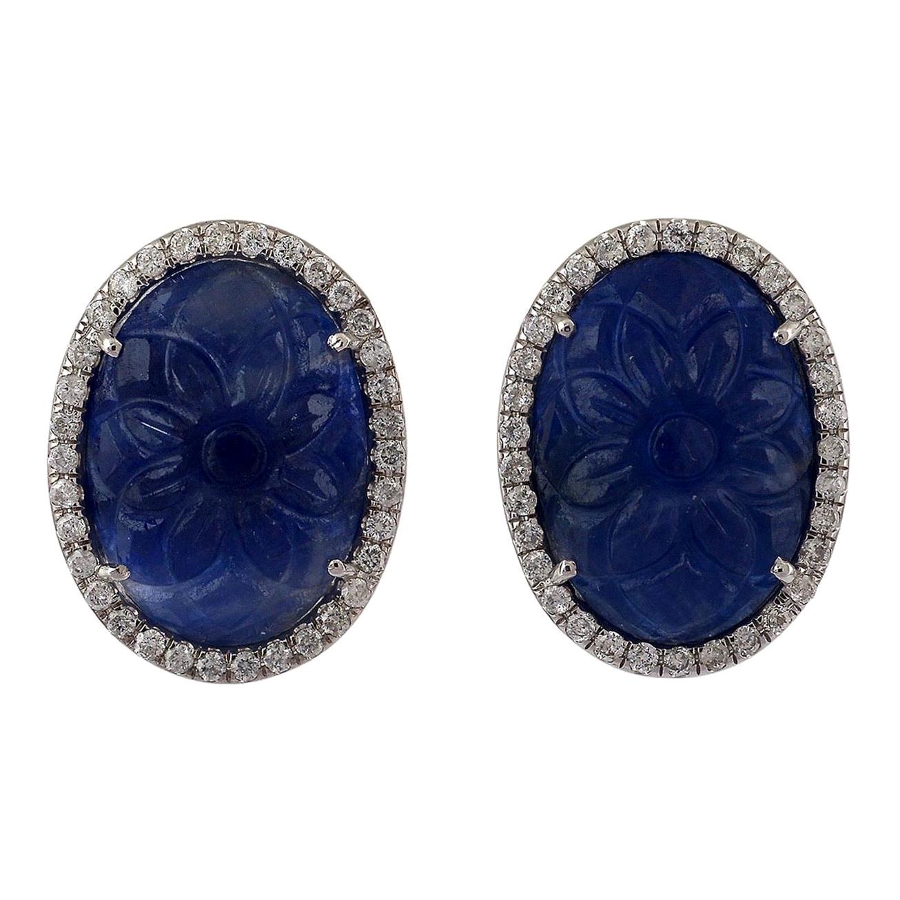 Carved Blue Sapphire Diamond 18 Karat Gold Stud Earrings For Sale