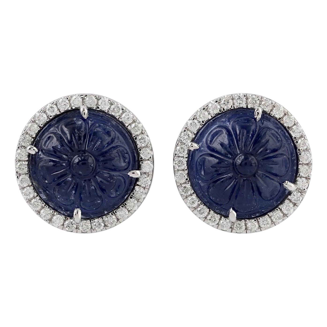 Carved Blue Sapphire Diamond 18 Karat Gold Stud Earrings For Sale