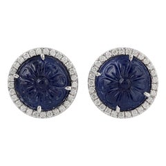 Carved Blue Sapphire Diamond 18 Karat Gold Stud Earrings