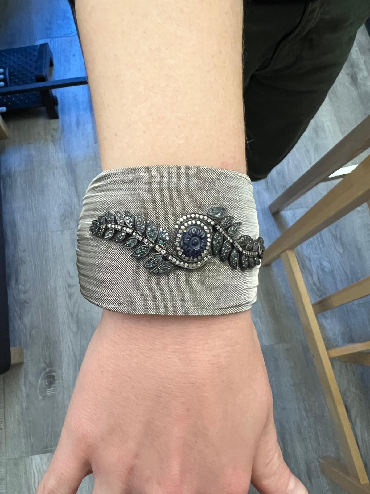 Carved Blue Sapphire With Blue & White Pave Diamonds Steel Mesh Cuff 1