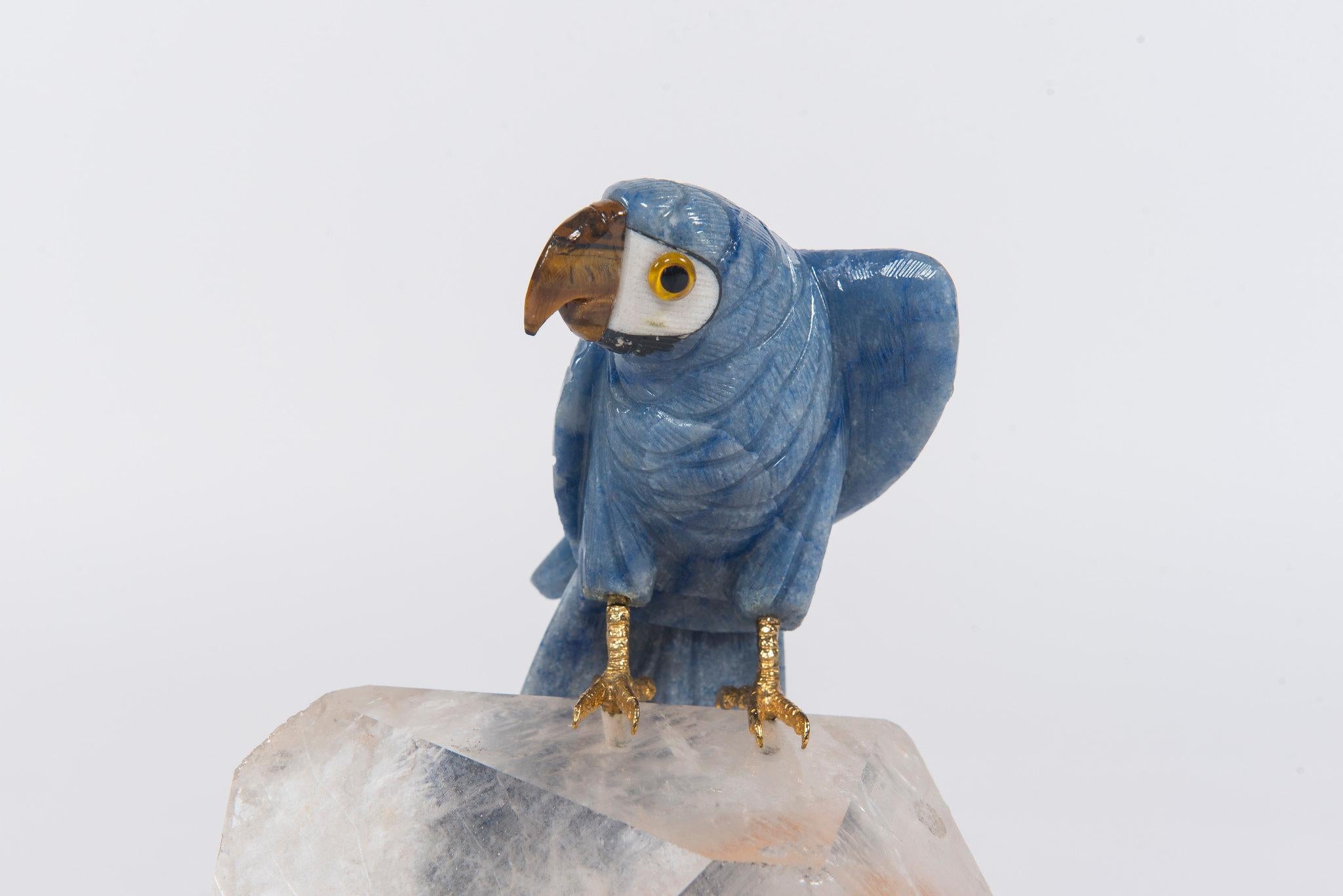 Brazilian Carved Blue Stone Parrot on Quartz Sculpture