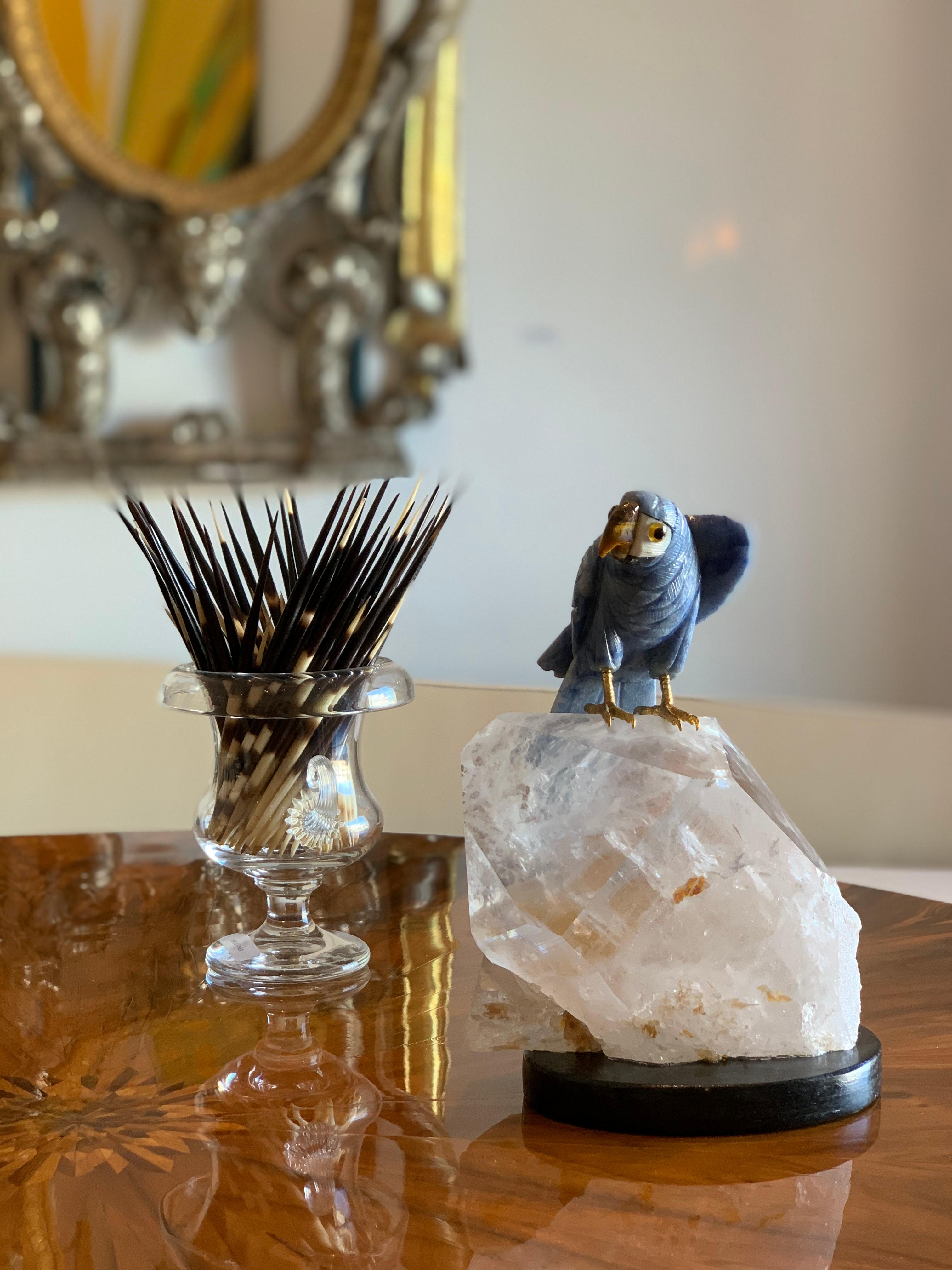 Carved Blue Stone Parrot on Quartz Sculpture In Good Condition In Houston, TX