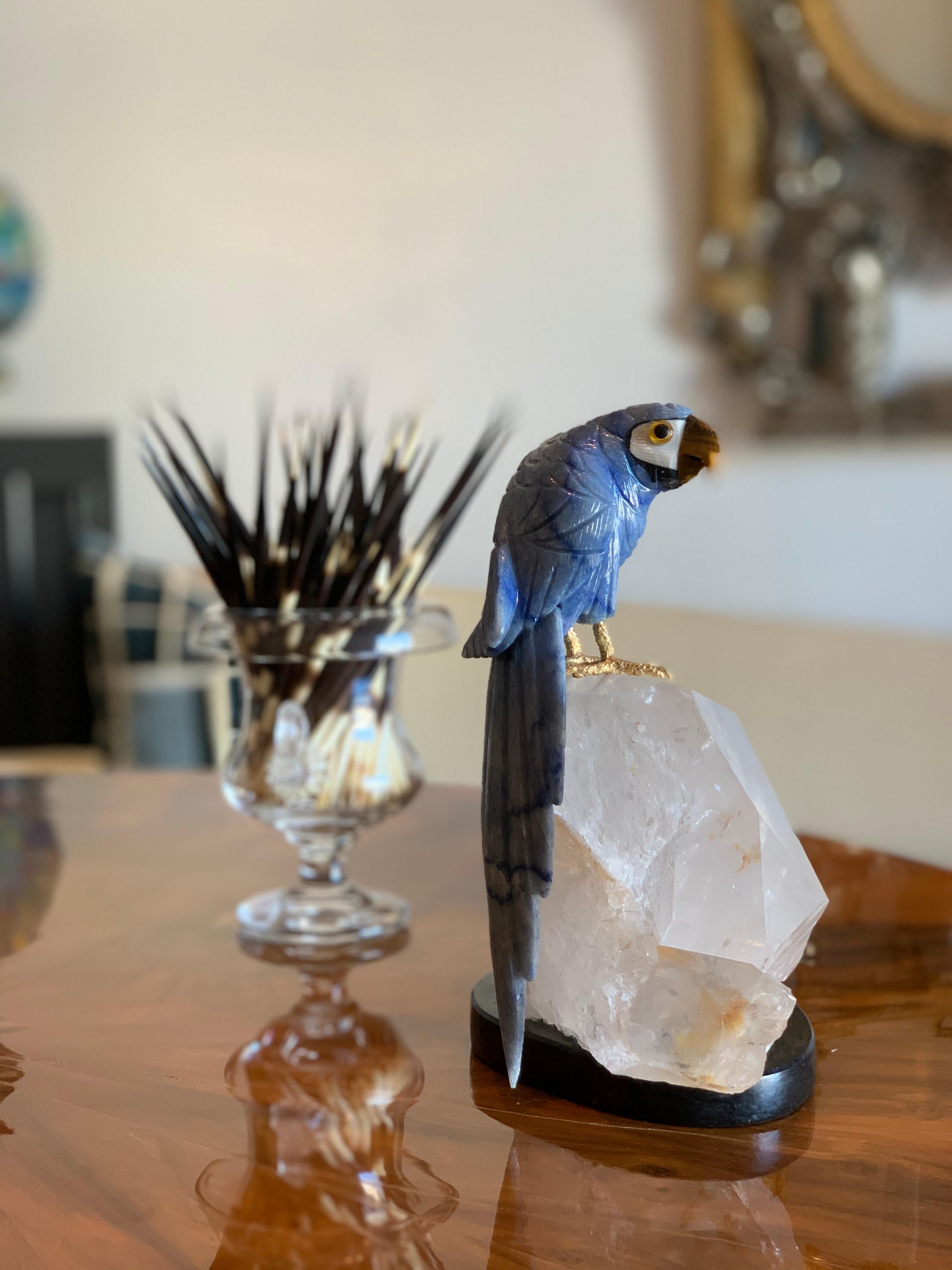 20th Century Carved Blue Stone Parrot on Quartz Sculpture