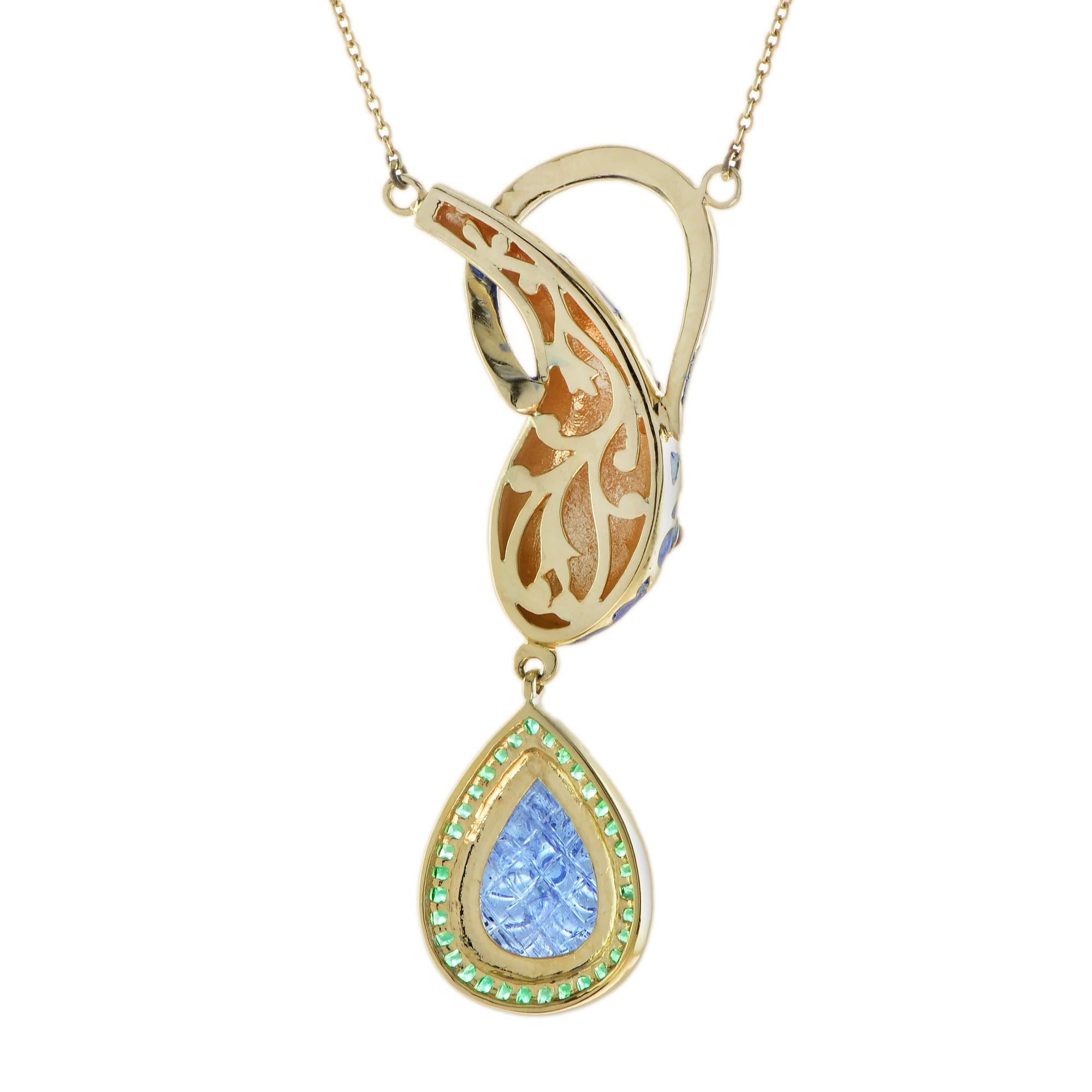 Taglio a goccia Collana con ciondolo in oro 9K con tanzanite blu intagliata, smeraldo, rubino, smalto e serpente in vendita