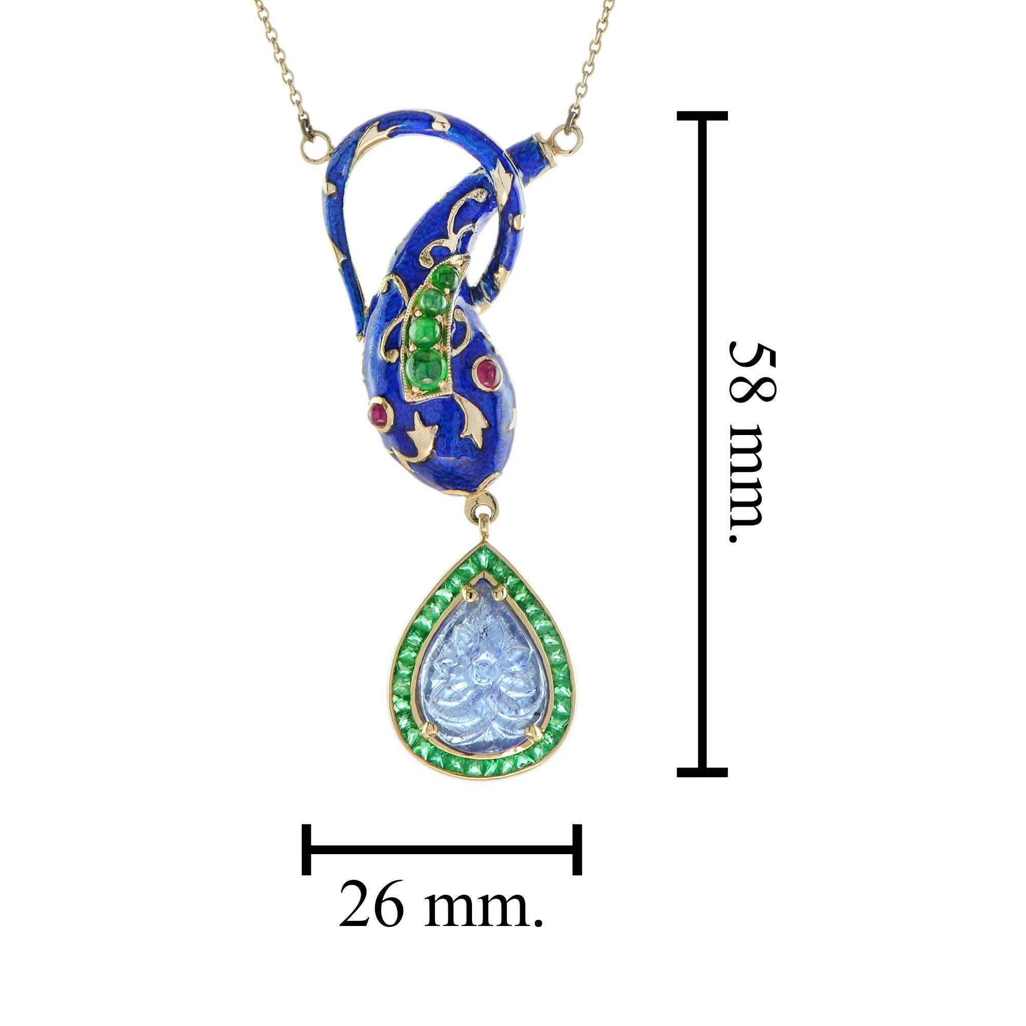 Collana con ciondolo in oro 9K con tanzanite blu intagliata, smeraldo, rubino, smalto e serpente in vendita 2