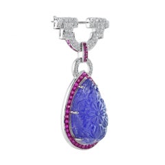 Carved Blue Tanzanite & Ruby Diamond Art Deco Style White Gold Pin Brooch