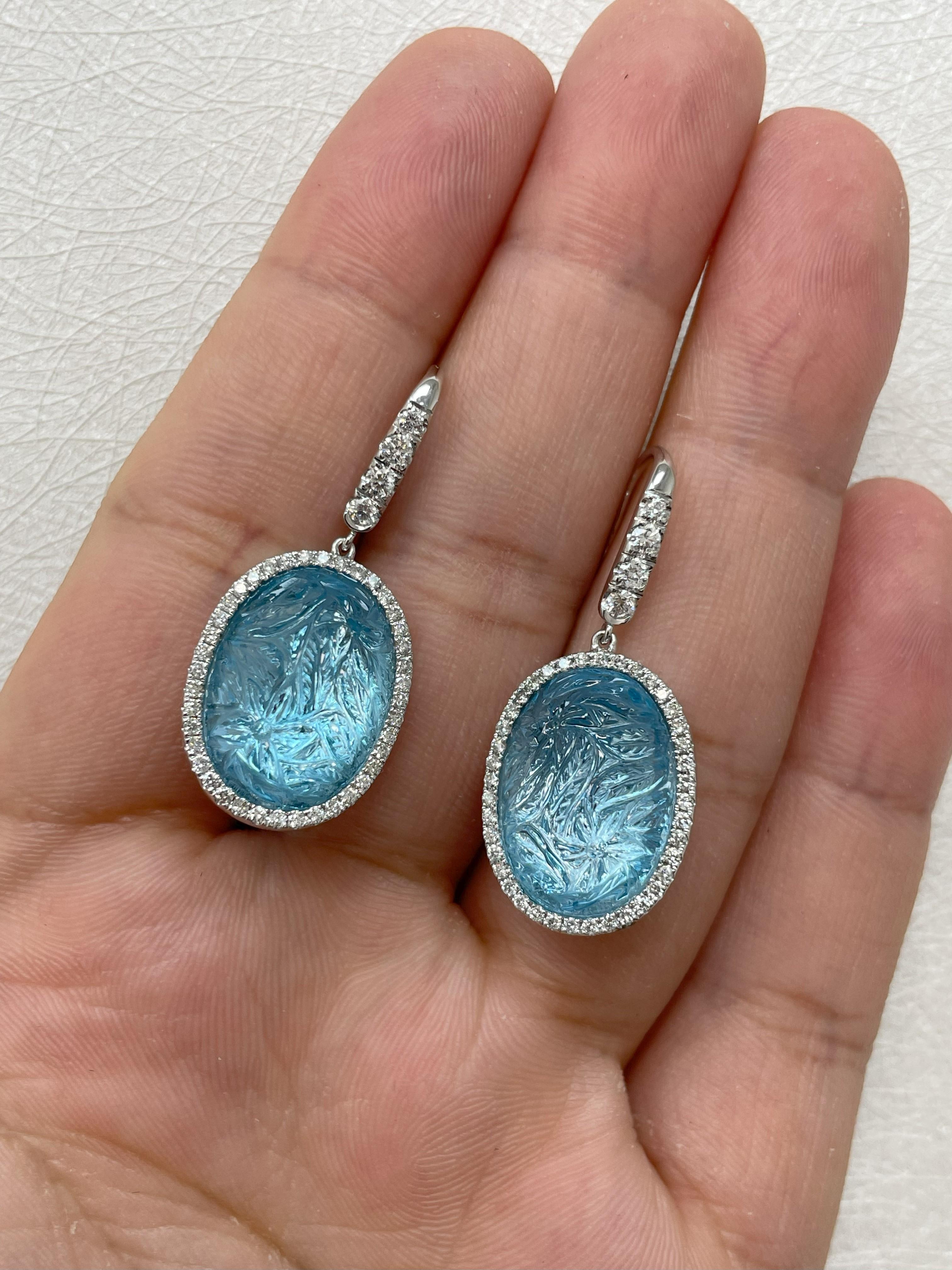 Carved Blue Topaz Cts 27.41 and Diamond Earrings Set in 18k White Gold For Sale 4