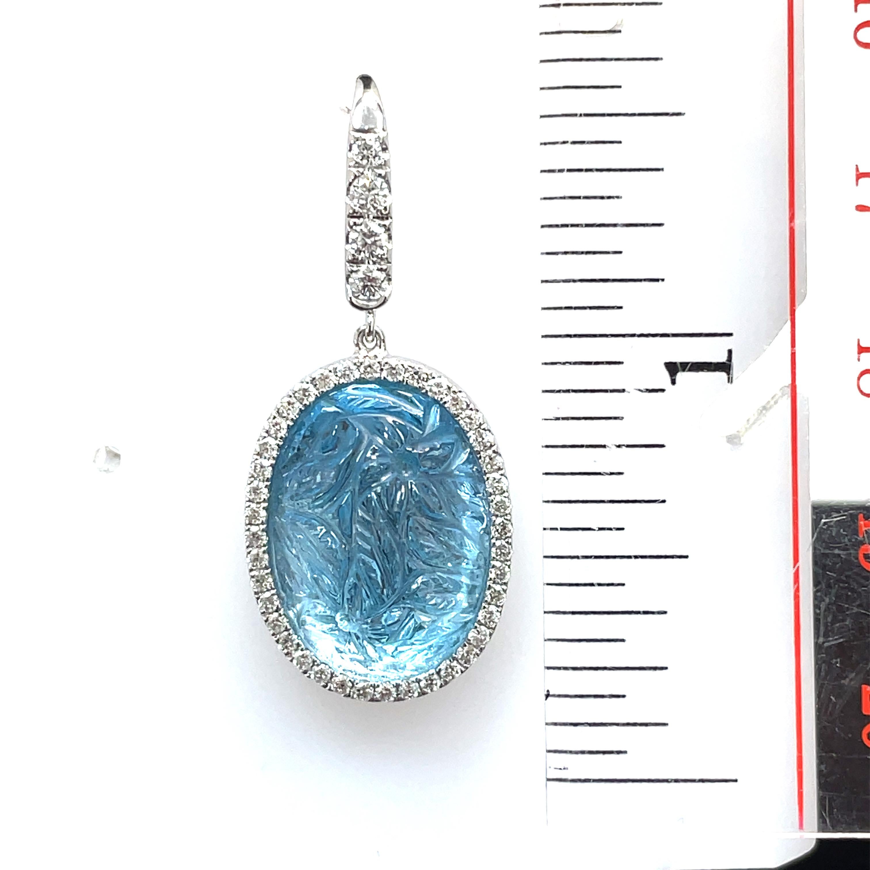 Carved Blue Topaz Cts 27.41 and Diamond Earrings Set in 18k White Gold For Sale 5