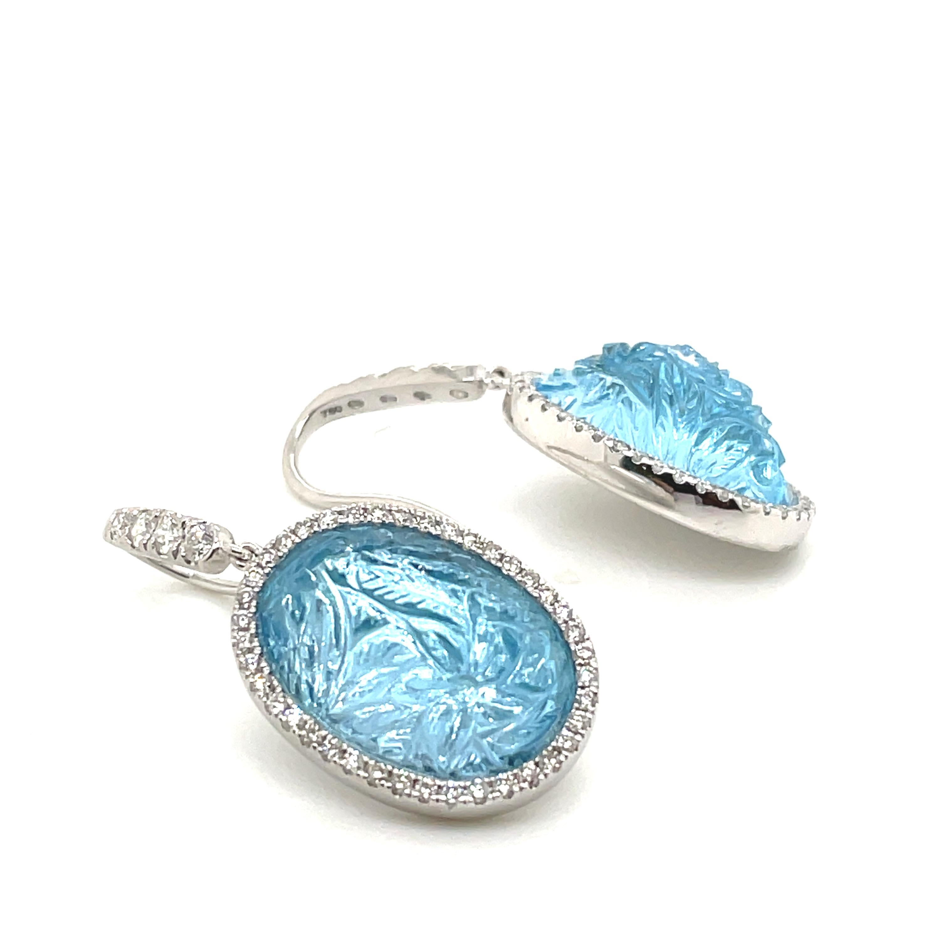 Oval Cut Carved Blue Topaz Cts 27.41 and Diamond Earrings Set in 18k White Gold For Sale