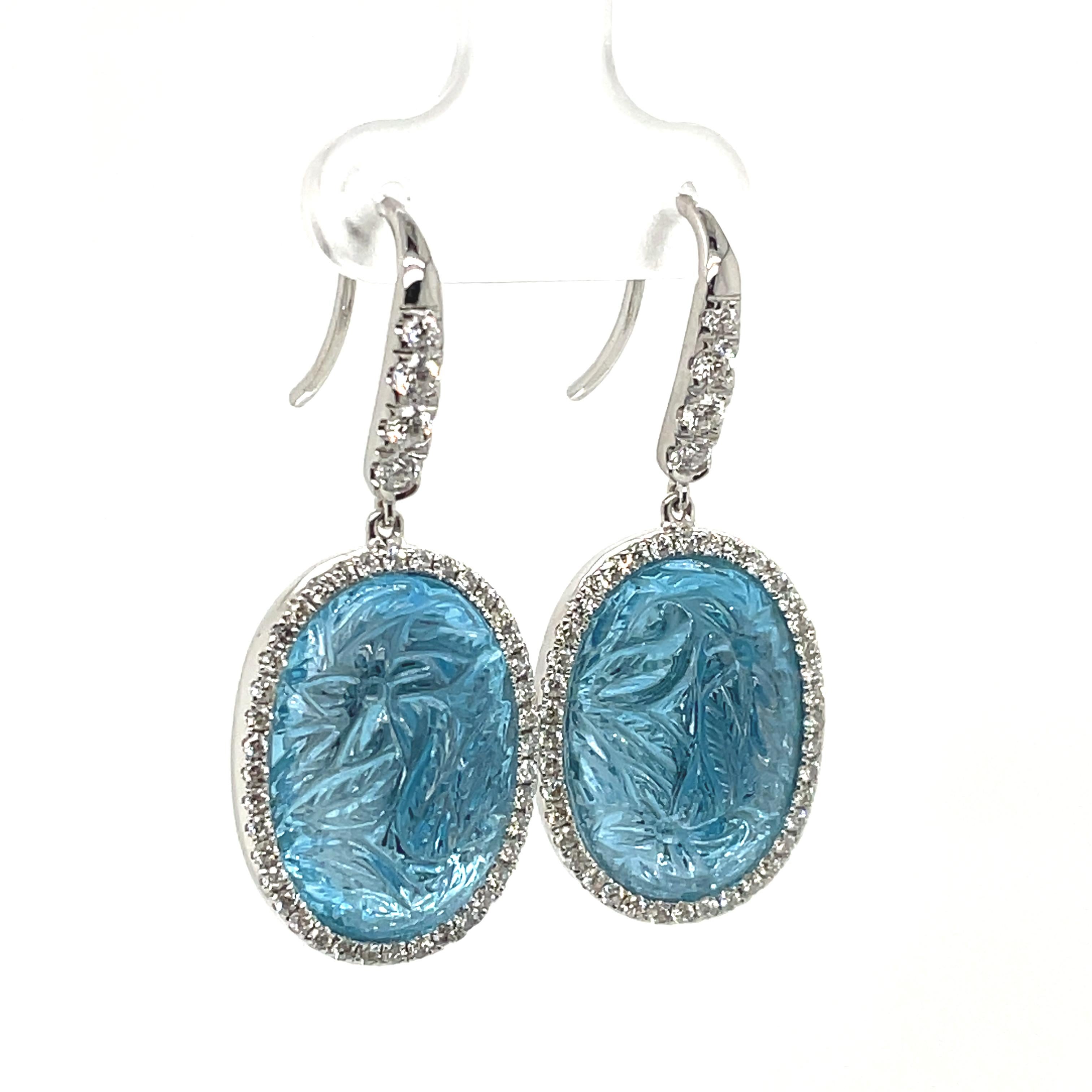 Carved Blue Topaz Cts 27.41 and Diamond Earrings Set in 18k White Gold In New Condition For Sale In Hong Kong, HK