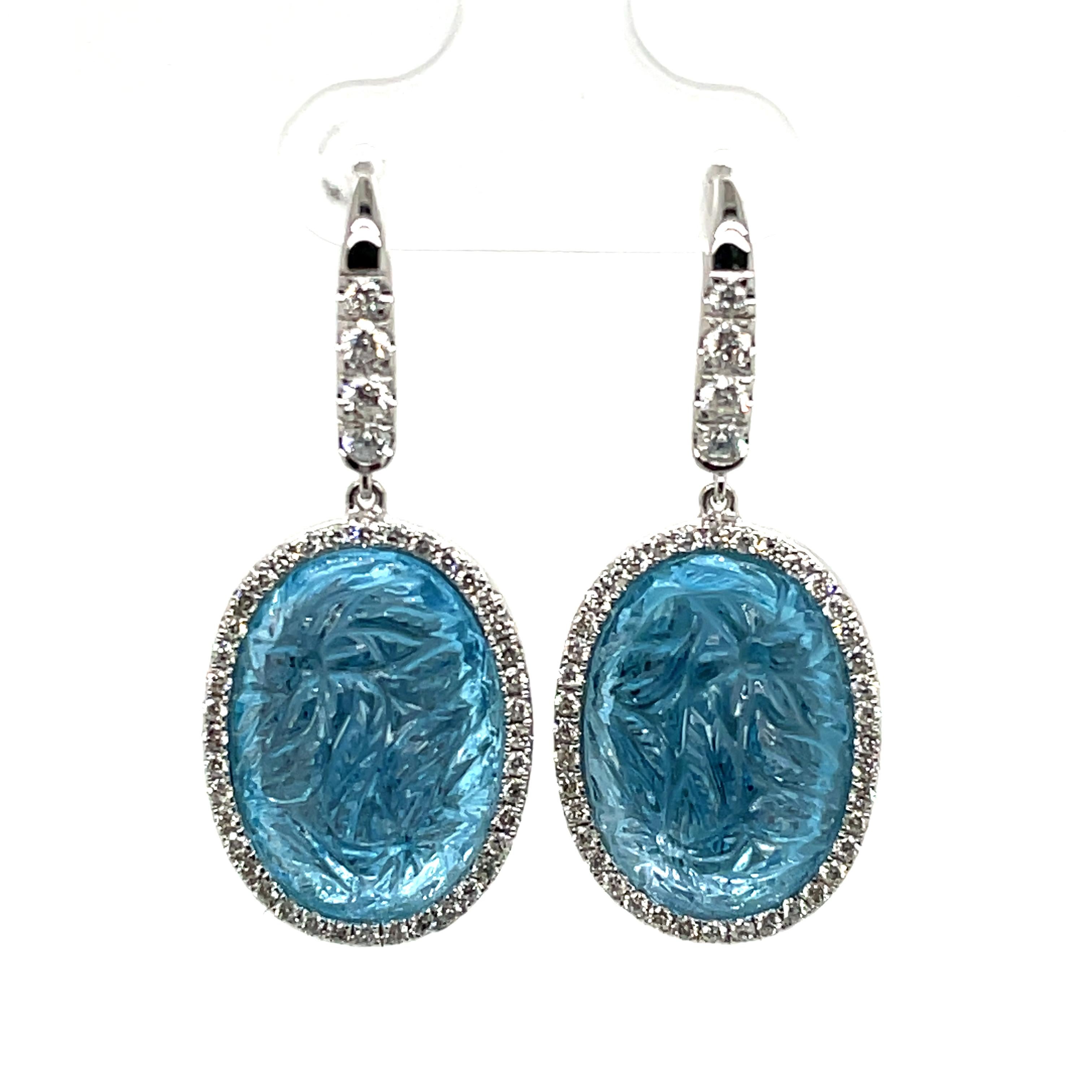 Women's or Men's Carved Blue Topaz Cts 27.41 and Diamond Earrings Set in 18k White Gold For Sale