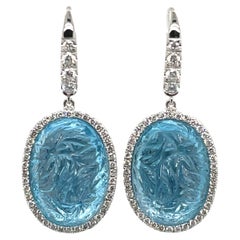 Carved Blue Topaz Cts 27.41 and Diamond Earrings Set in 18k White Gold