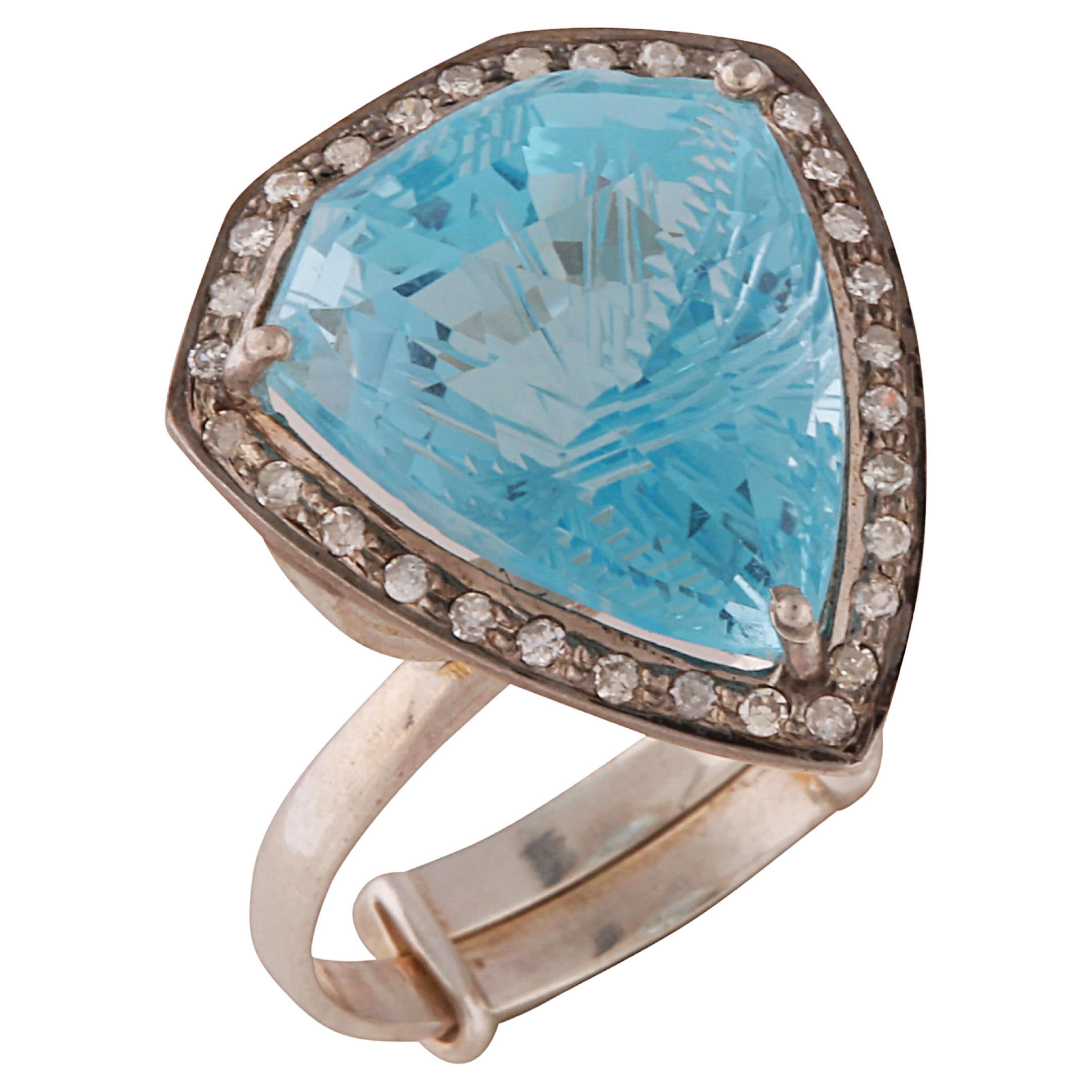 Carved Blue Topaz & Diamond Adjustable Ring