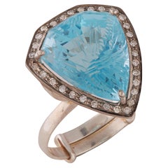 Antique Carved Blue Topaz & Diamond Adjustable Ring