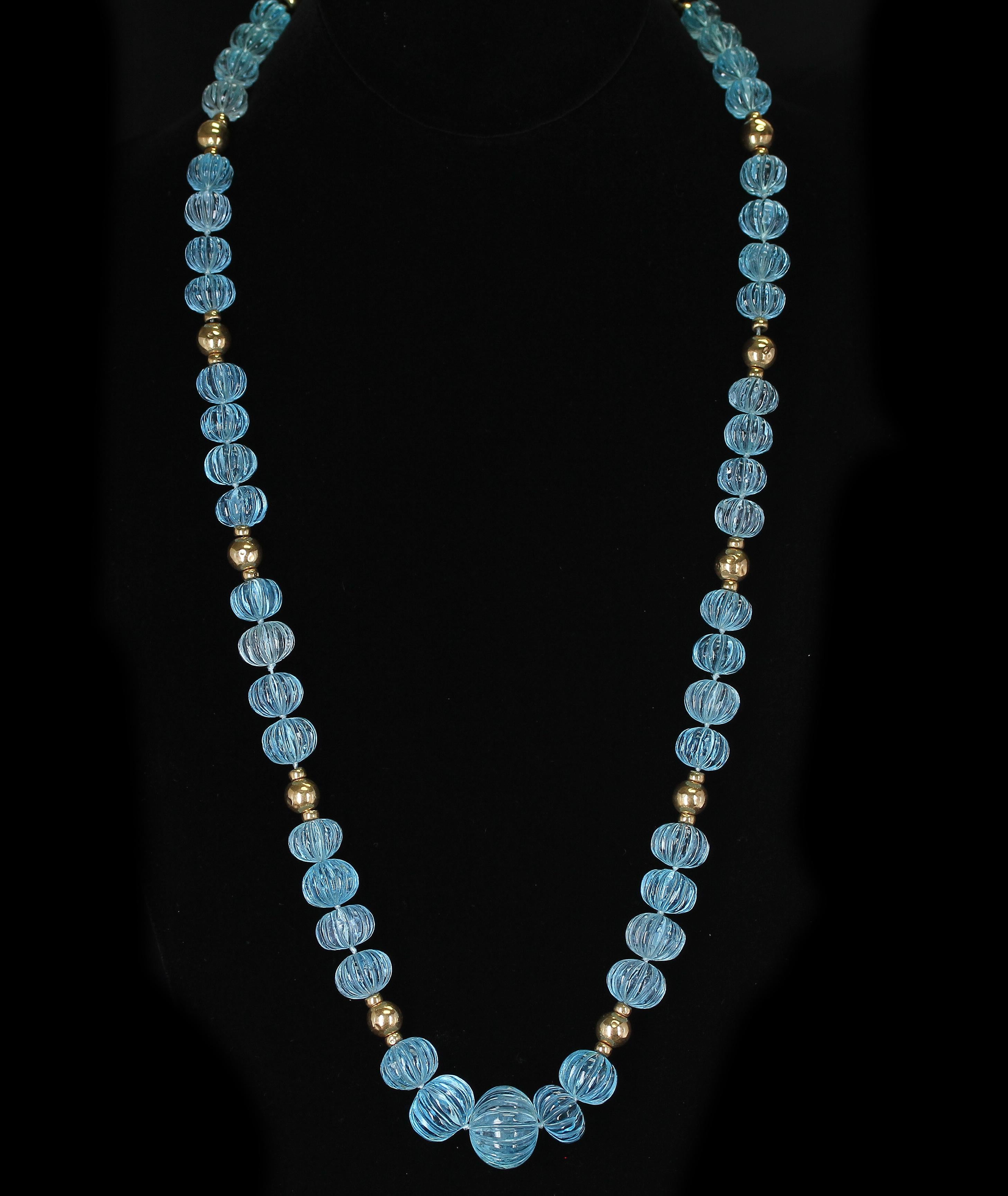 Women's or Men's Carved Blue Topaz Necklace with Gold Beads For Sale