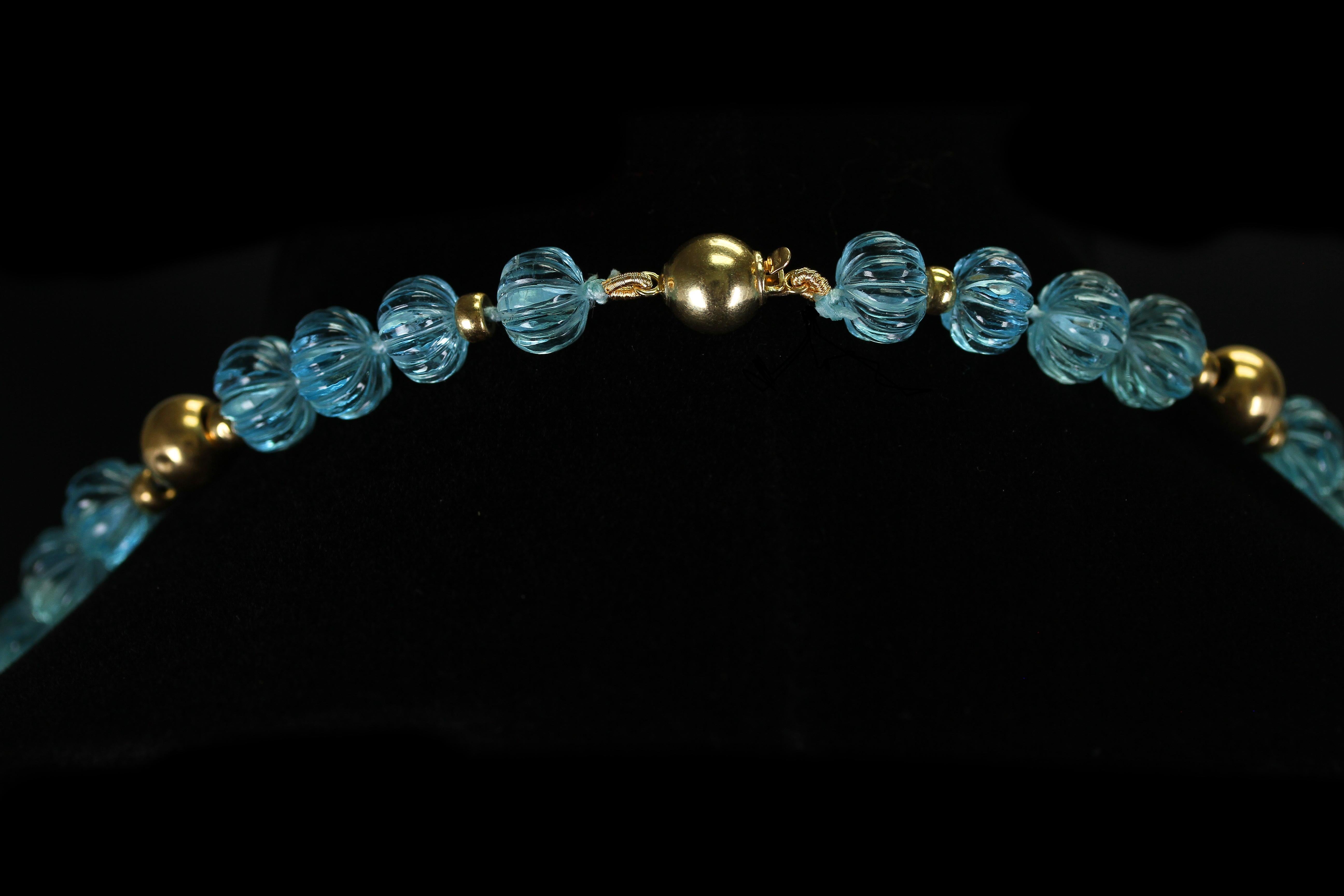 Carved Blue Topaz Necklace with Gold Beads For Sale 1