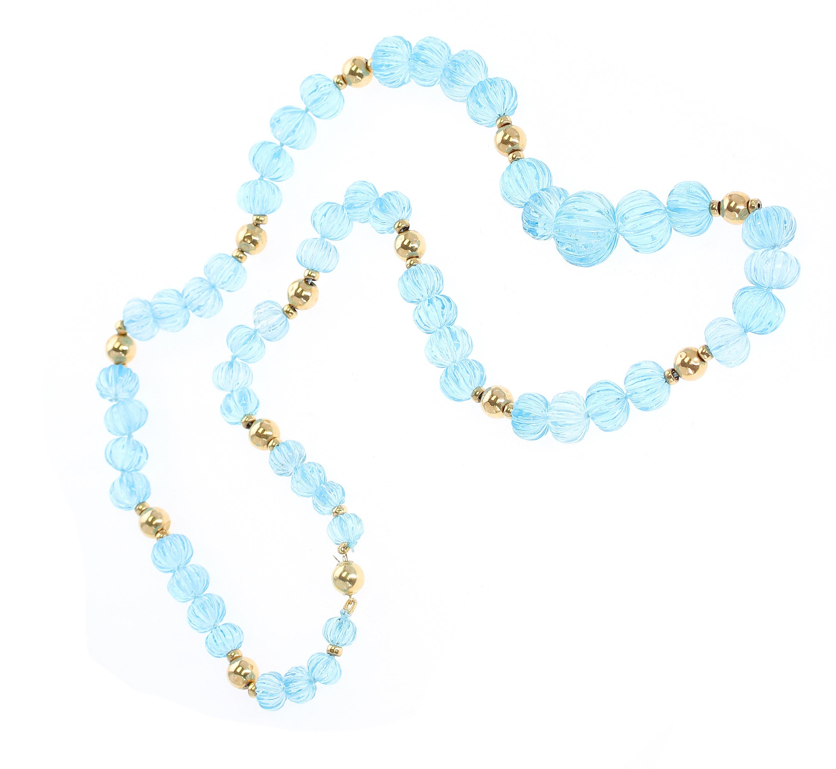 Carved Blue Topaz Necklace with Gold Beads For Sale