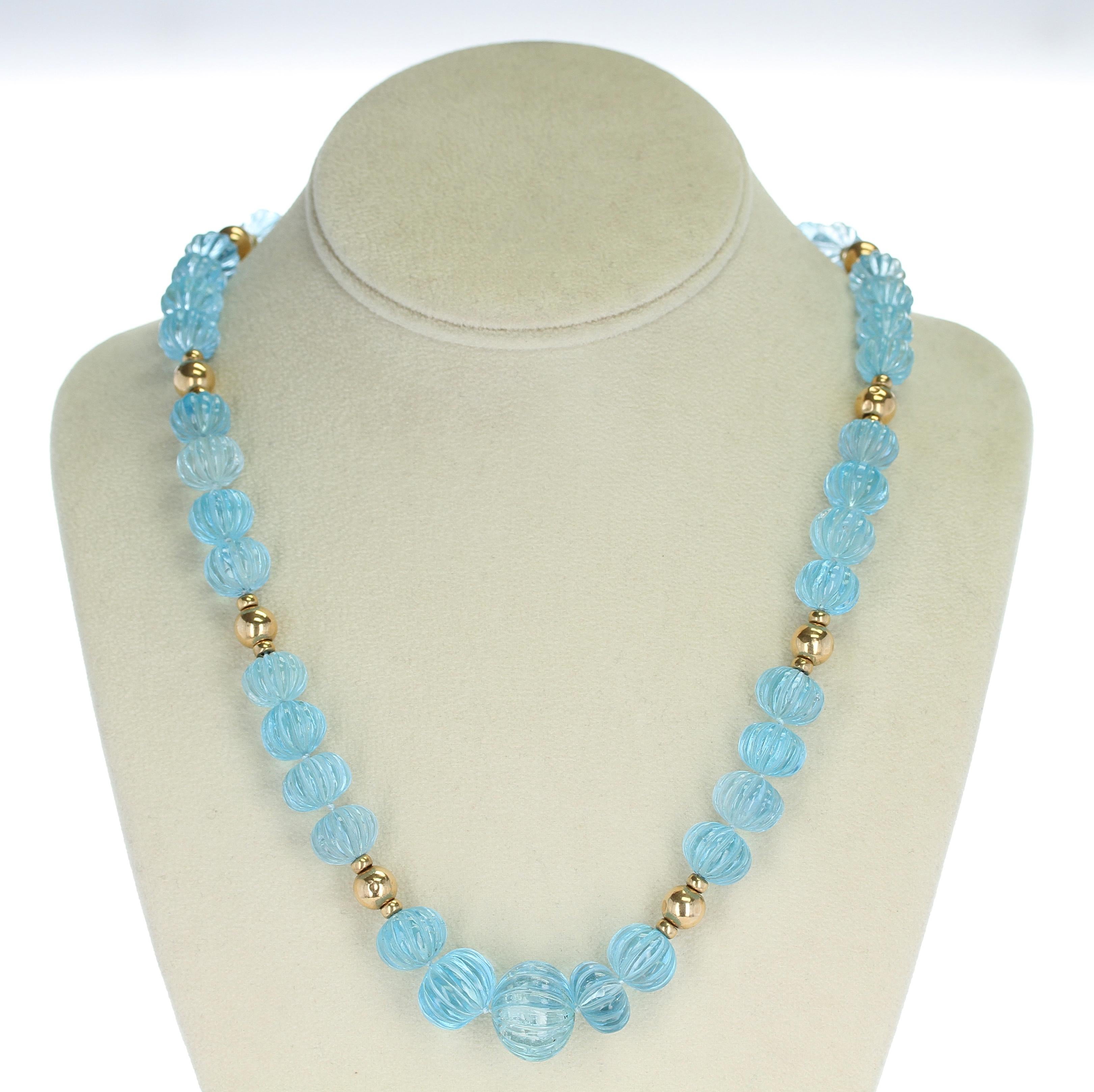Carved Blue Topaz Necklace with Gold Beads For Sale 2