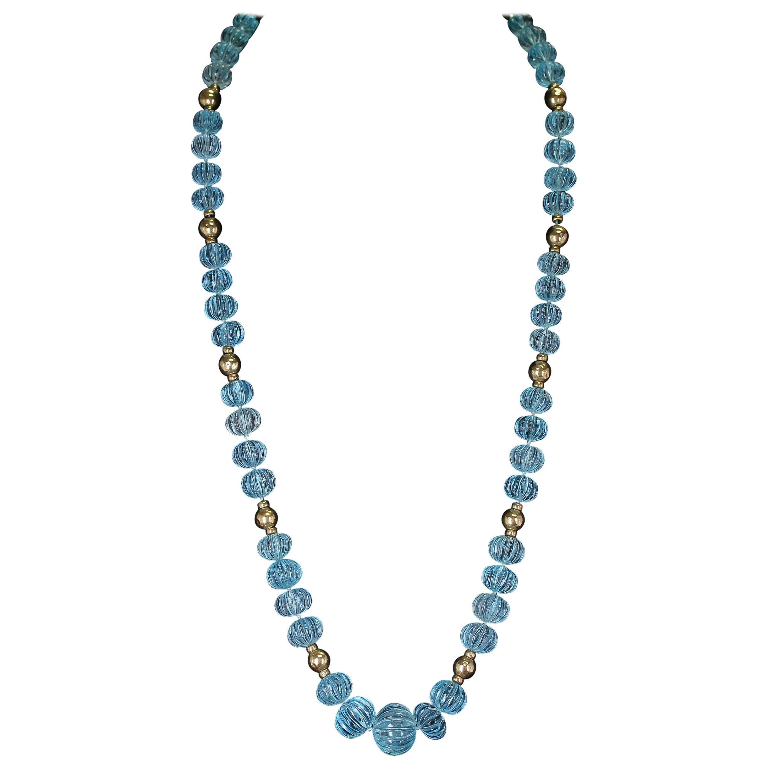 Carved Blue Topaz Necklace with Gold Beads In Good Condition For Sale In New York, NY