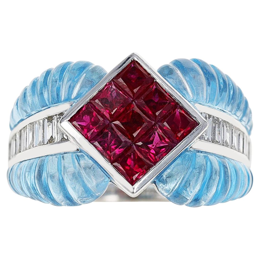 Carved Blue Topaz Ring with 1.40 Ct Ruby Set with 0.46 Cts Diamonds, 18k Gold  For Sale