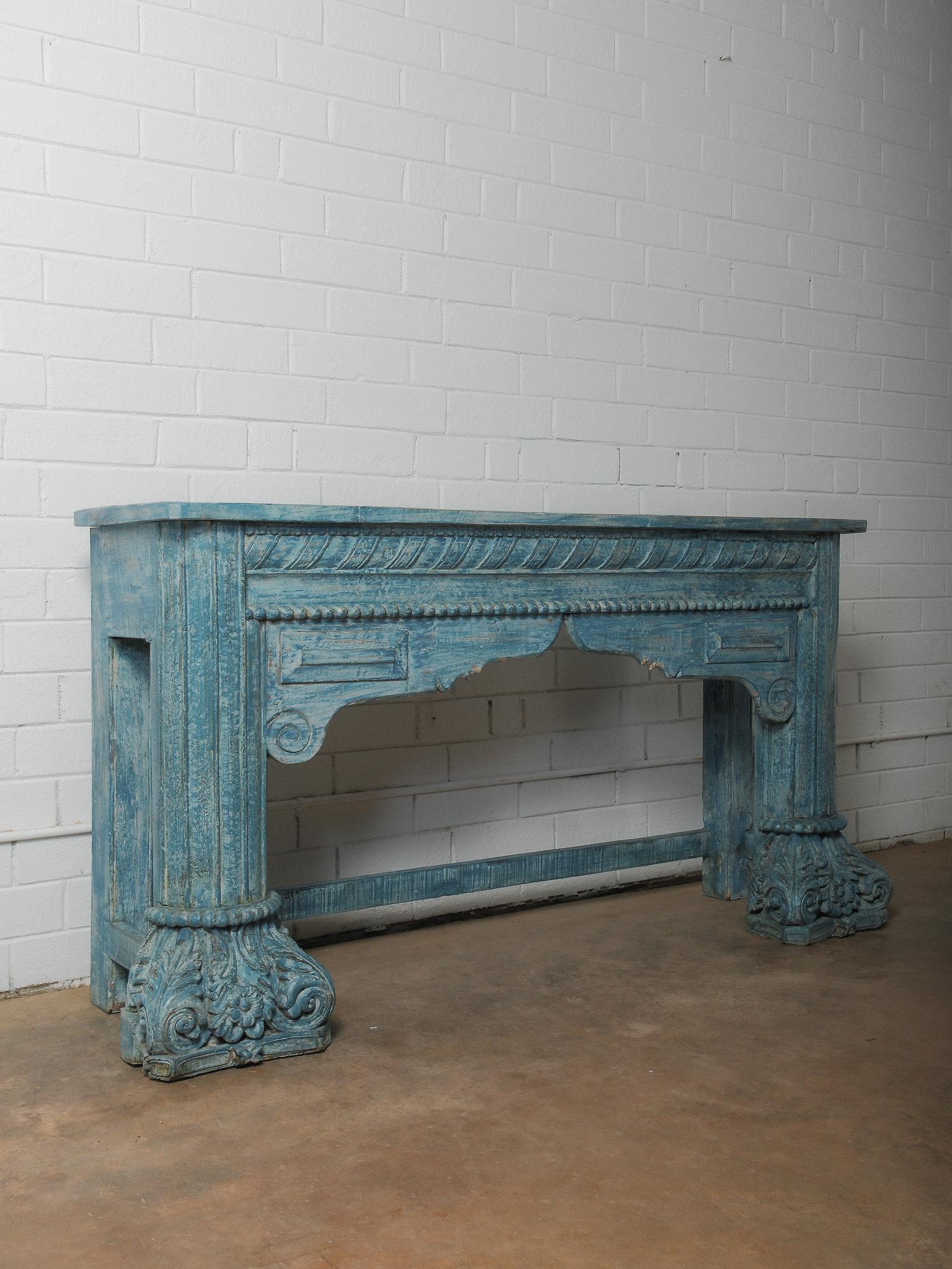 Rustic Carved Blue Wooden Console Table For Sale