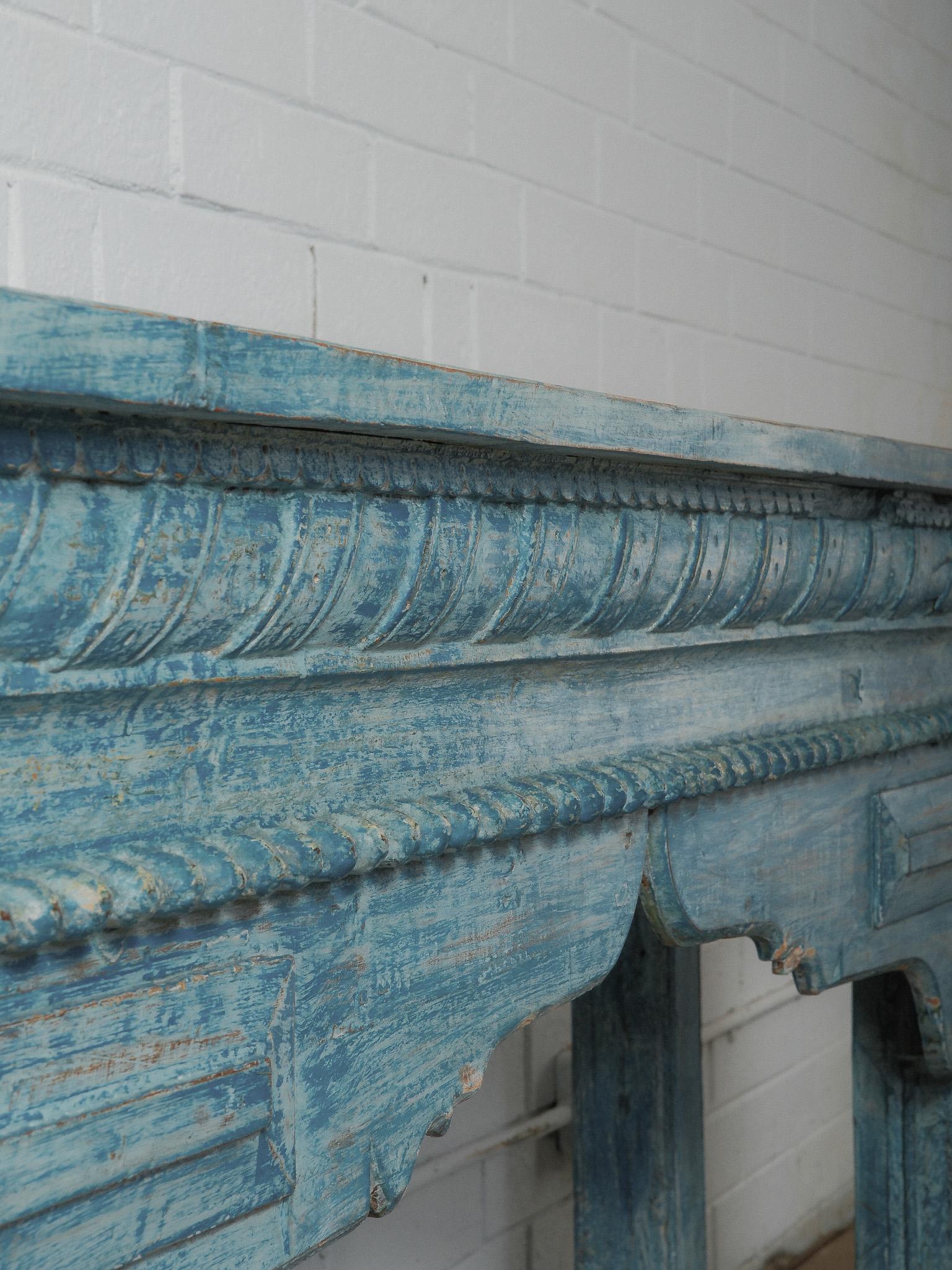 Painted Carved Blue Wooden Console Table For Sale