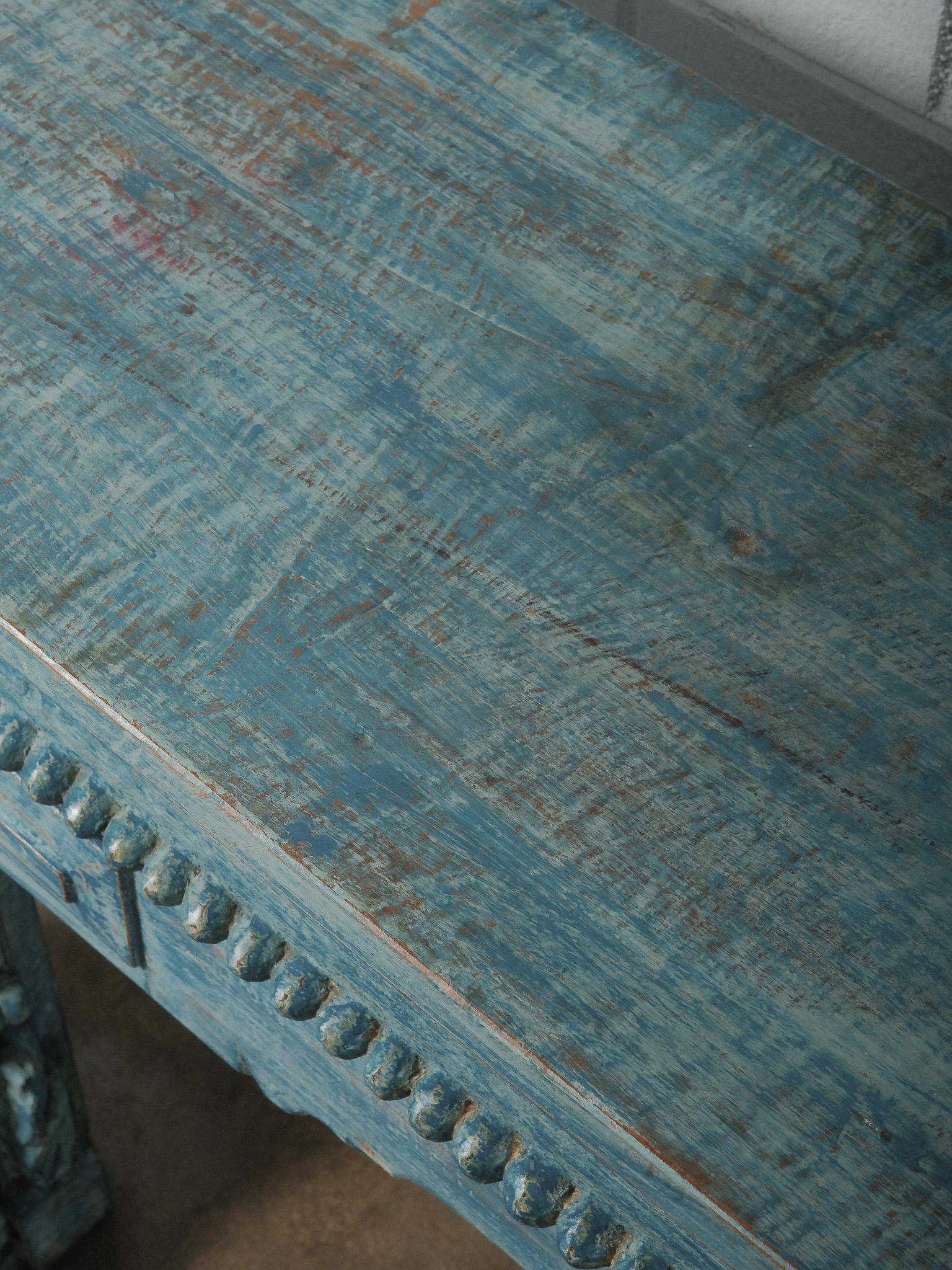 Carved Blue Wooden Console Table In Good Condition For Sale In High Point, NC