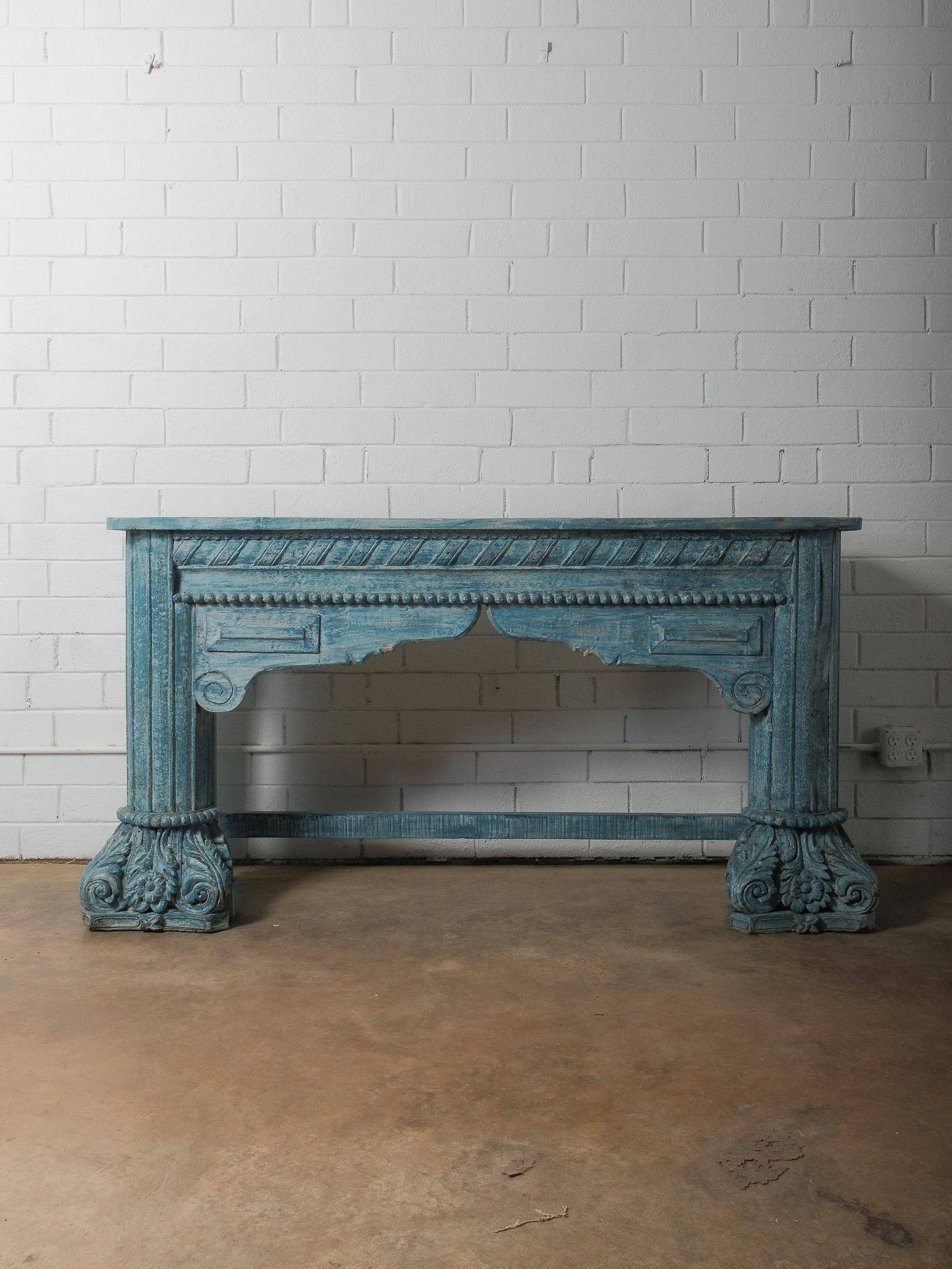 20th Century Carved Blue Wooden Console Table For Sale