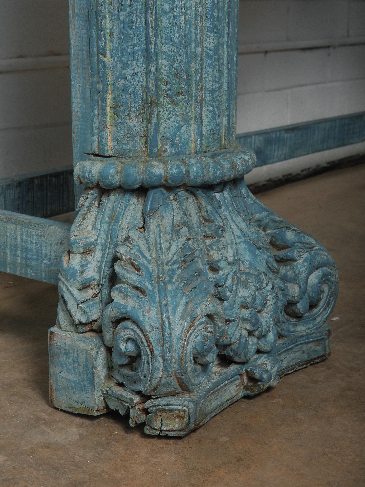 Carved Blue Wooden Console Table For Sale 2