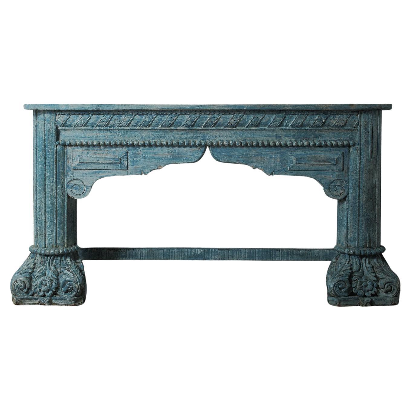 Carved Blue Wooden Console Table For Sale
