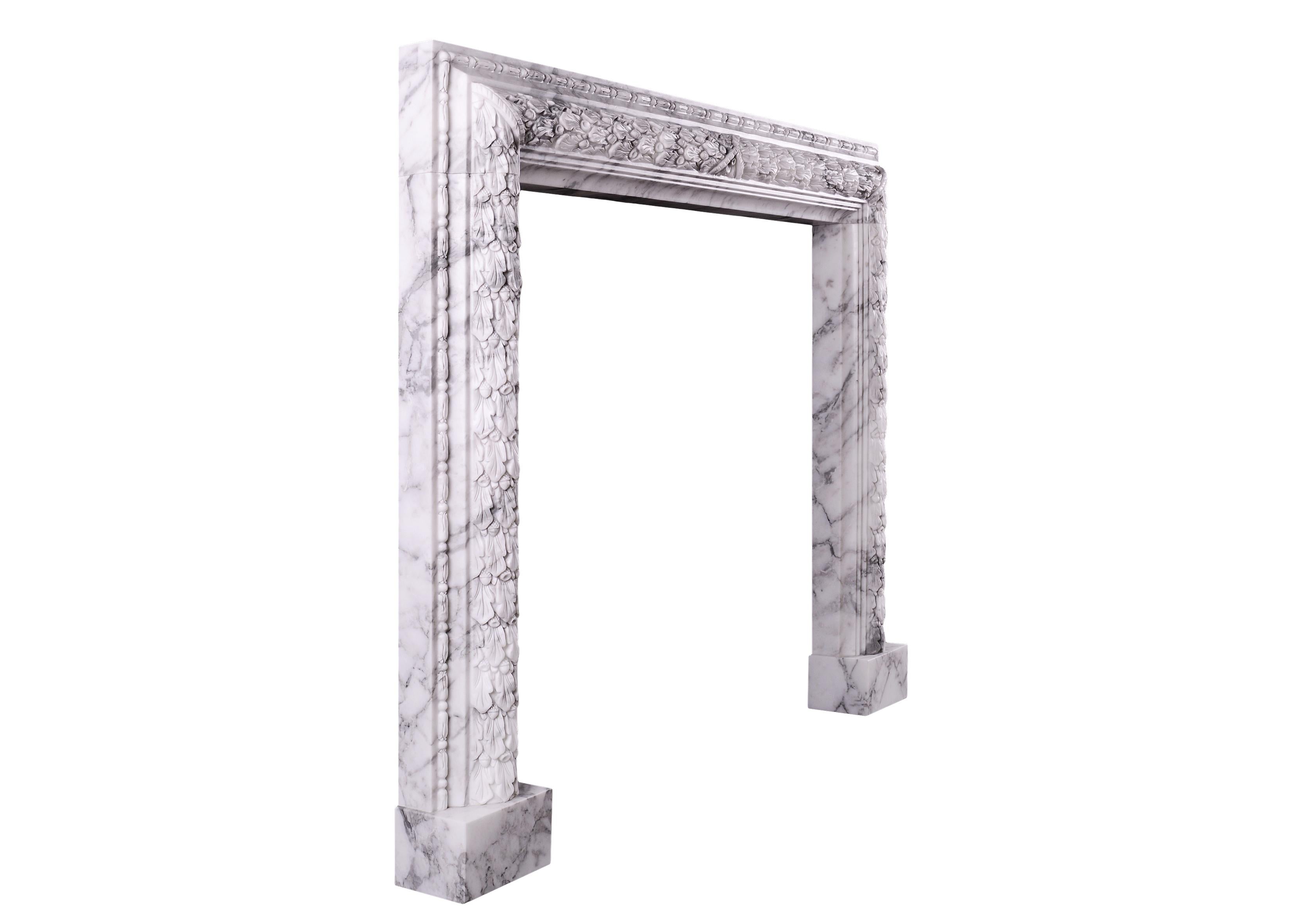 Baroque Carved Bolection Fireplace in Arabescato Marble For Sale