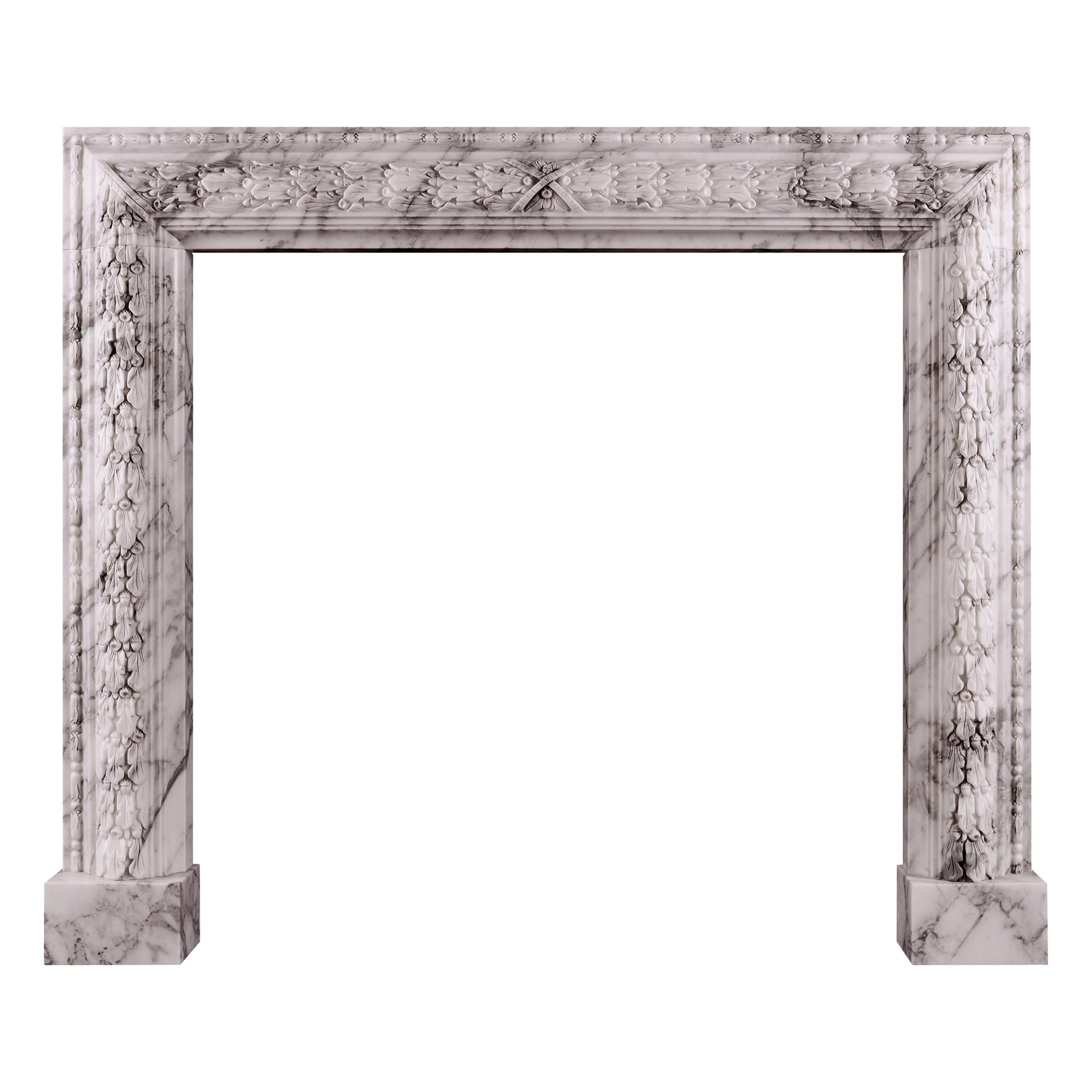 Carved Bolection Fireplace in Arabescato Marble